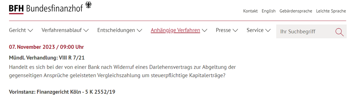Finanzgericht Köln (FG Köln) (@fgkoeln) on Twitter photo #Einkommensteuer: #Steuerpflicht|ige #Kapitalerträge im Zsh mit #Widerruf eines #Darlehensvertrag|s
- heute mündl #Verhandlung|en in #Revision|svf u.a. VIII R 7/21, VIII R 30/19 und VIII R 6/22 (Vorinstanz jeweils FG Köln 5 K 2552/19, 14 K 719/19 u 5 K 1371/20) vor dem <a href="/bfh_bund/">Bundesfinanzhof</a> #Einkommensteuer: #Steuerpflicht|ige #Kapitalerträge im Zsh mit #Widerruf eines #Darlehensvertrag|s
- heute mündl #Verhandlung|en in #Revision|svf u.a. VIII R 7/21, VIII R 30/19 und VIII R 6/22 (Vorinstanz jeweils FG Köln 5 K 2552/19, 14 K 719/19 u 5 K 1371/20) vor dem <a href="/bfh_bund/">Bundesfinanzhof</a>