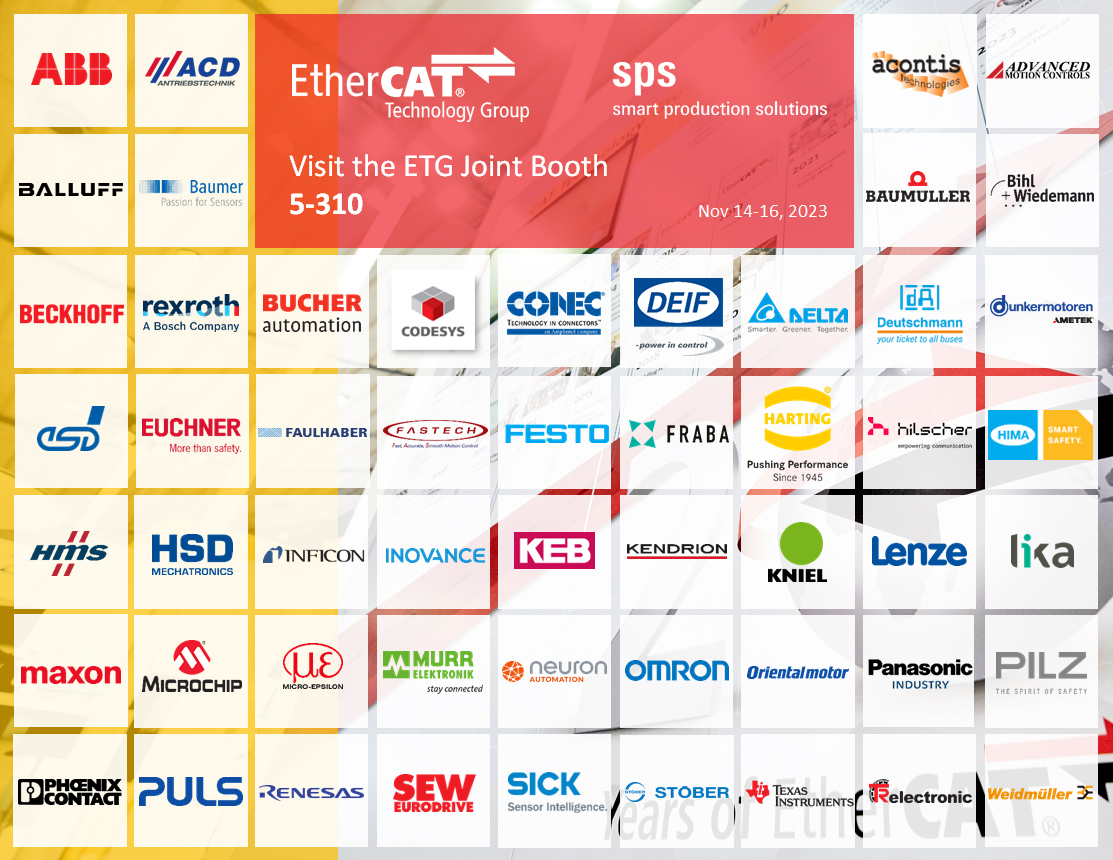 <a href="/EtherCAT_Group/">EtherCAT Group</a> Joint Booth at @spsmesse 2023: Visit us in #Nuremberg!From Nov 14 to 16, 2023, the ETG is attending this year’s sps #tradeshow in Nuremberg, #Germany. More than 500 #EtherCAT products from 54 co-exhibitors will be presented at the ETG Joint Booth 310 in Hall 5.