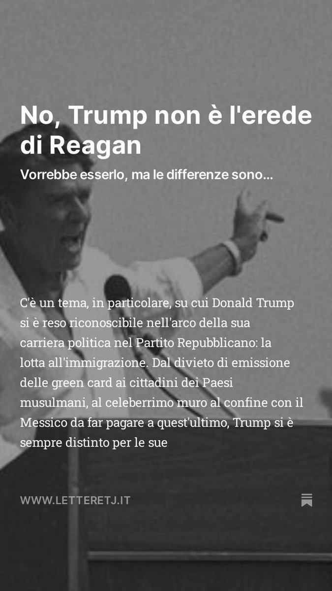 #Trump è l’erede di #Reagan? Nonostante le ambizioni del predecessore di Biden, le differenze tra i due sono notevoli. Un argomento in particolare li pone in contrasto: l'approccio all'immigrazione. 
Ne parla <a href="/GiacomoStiffan/">Giacomo Stiffan</a> nel carteggio di #Jefferson.

letteretj.it/p/no-trump-non…