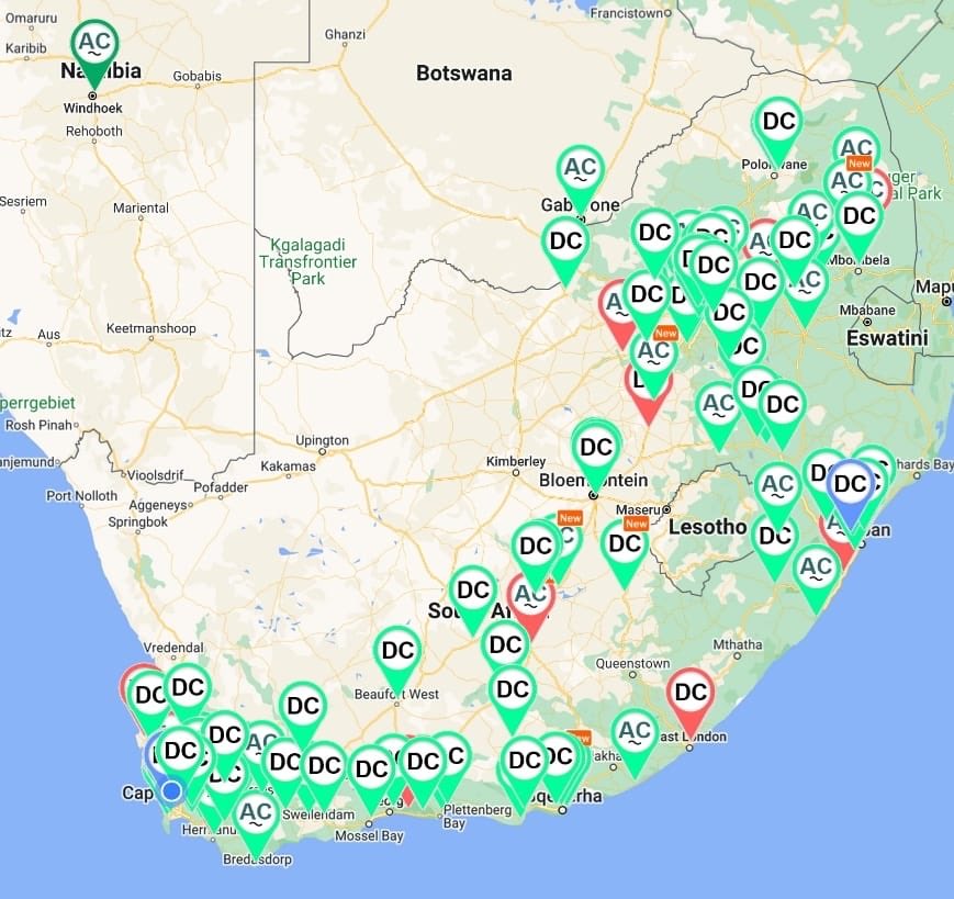 The energy landscape is changing: current electric vehicle charging stations in South Africa.