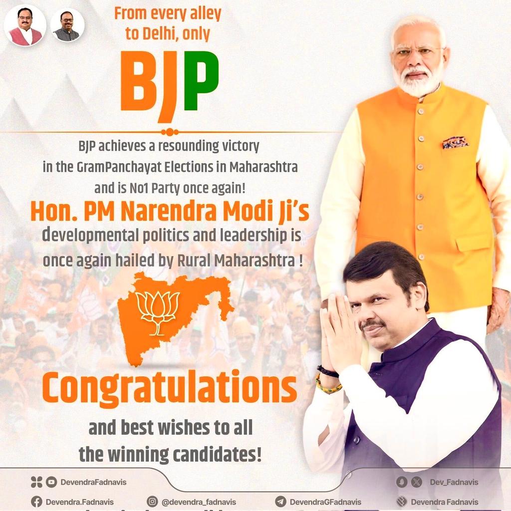 In GramPanchayat elections, *BJP has emerged as the No. 1 Party in Maharashtra, 1nce again by winning over 750 seats The people of Maharashtra have made their voices heard clearly & we are deeply grateful for that! 🙏
#BJP4Maharashtra #GramPanchayatElection2023
@gauravpatwardhn