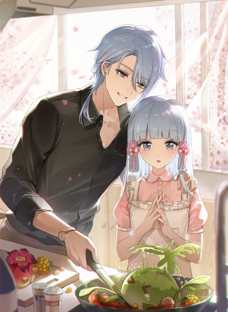 kamisato ayaka ,kamisato ayato 1girl 1boy blue hair blue eyes mole watch shirt  illustration images