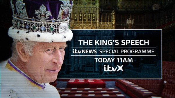Live now on <a href="/ITVX/">ITVX</a>: An ITV News special as Charles gives his first King’s Speech at the State Opening of Parliament.

Join Julie Etchingham and the ITV News team on ITVX: itv.com/watch?channel=…