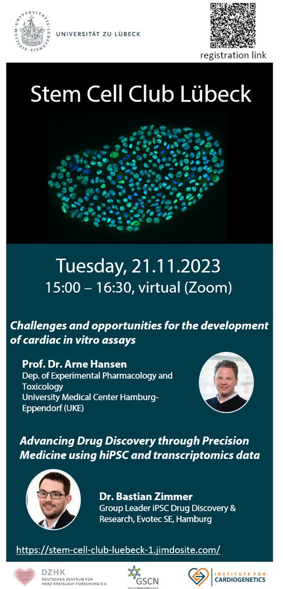 Cardiogenetics (@cardiogenetics) on Twitter photo Join our Stem Cell Club Lübeck on 21st November at 3 pm via zoom and discuss exciting stem cell science with Prof. Arne Hansen (UKE) and Dr. Bastian Zimmer (Evotec). Register now: stem-cell-club-luebeck-1.jimdosite.com/coming-up/
<a href="/dzhk_germany/">DZHK Germany</a> <a href="/UniLuebeck/">Universität Lübeck</a> Join our Stem Cell Club Lübeck on 21st November at 3 pm via zoom and discuss exciting stem cell science with Prof. Arne Hansen (UKE) and Dr. Bastian Zimmer (Evotec). Register now: stem-cell-club-luebeck-1.jimdosite.com/coming-up/
<a href="/dzhk_germany/">DZHK Germany</a> <a href="/UniLuebeck/">Universität Lübeck</a>