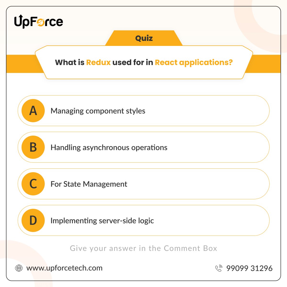 UpforceT60125's tweet image. Want to level up your React skills? Check out our interactive quiz on Redux in React applications! Join the vibrant UpforceTech community and see why Redux is a game-changer for building robust and scalable apps.
#ReactApplications #Redux #UpforceTech
