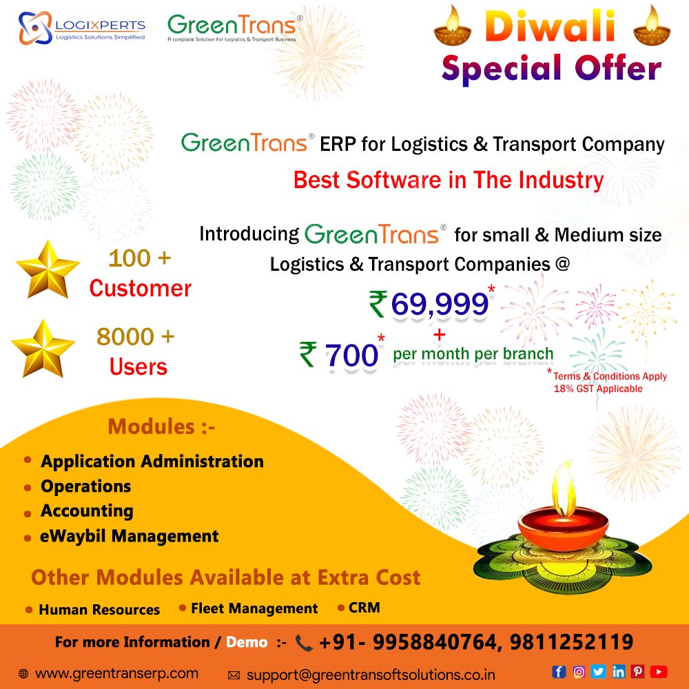 TMS_Logixperts's tweet image. Logixperts for Logistics & Transport Company
Introducing Logixperts& Greentrans for small & Medium size
Logistics & Transport Companies @ ₹ 69,999 + ₹ 700 per month per branch
For More Information & Demo :- +91-9958840764,9811252119 or: greentranserp.com
#Diwali