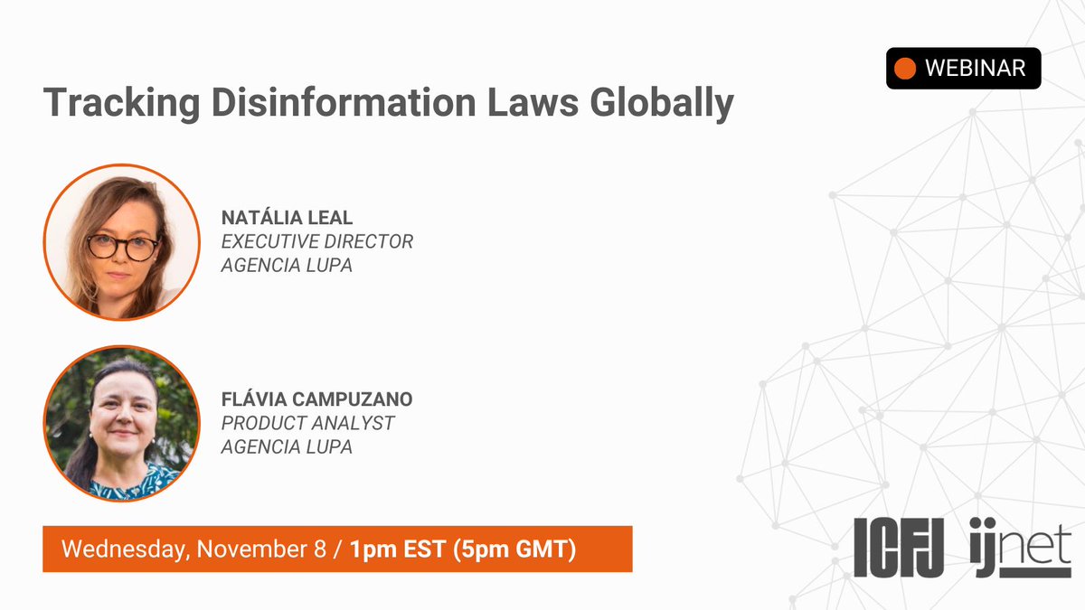 International Center for Journalists (@icfj) on Twitter photo Are you a journalist dedicated to uncovering the truth? 🔍 Join our upcoming webinar with <a href="/natalialevien/">Natália Leal</a> & <a href="/flicampuzano/">Flávia Campuzano</a> from <a href="/agencialupa/">Agência Lupa</a>, the first fact-checking news outlet in #Brazil, to understand the legal landscape surrounding #disinfo. Register: buff.ly/3tYgTCN Are you a journalist dedicated to uncovering the truth? 🔍 Join our upcoming webinar with <a href="/natalialevien/">Natália Leal</a> & <a href="/flicampuzano/">Flávia Campuzano</a> from <a href="/agencialupa/">Agência Lupa</a>, the first fact-checking news outlet in #Brazil, to understand the legal landscape surrounding #disinfo. Register: buff.ly/3tYgTCN