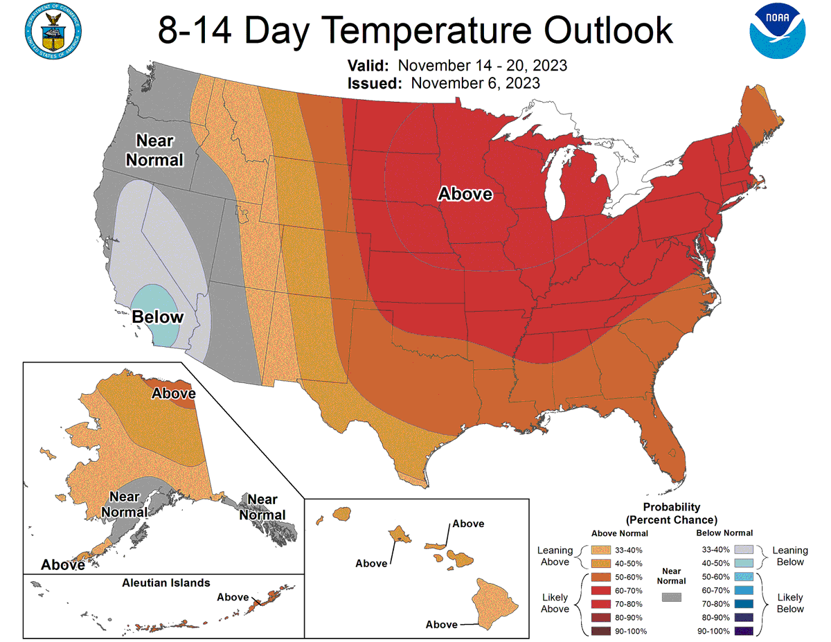 NWSChicago's tweet photo. Confidence is increasing that the middle of November will feature above average temperatures across a large portion of the nation. Some of the highest chances of above normal temps &amp; potentially the largest warm anomalies are forecast to be centered around the Great Lakes. https://t.co/YbZ7GYzqsi