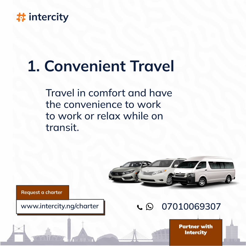 5 Reasons why you should hire your vehicle on intercity.ng/charter

📍Convenient Travel
📍Saves Time
📍Money Saver
📍 Choose Preferred Vehicle

#IntercityNG #VehicleHire