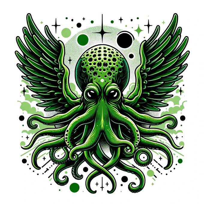 Original output from Dall-E 3, prompt: a green octopus with wings on it's head, vector art by H.P. Lovecraft. DeviantArt contest winner, sumatraism, lovecraftian, cosmic horror, flat shading