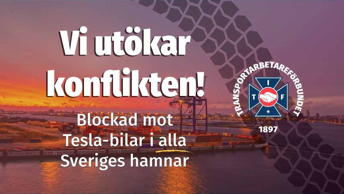 Nu trappar vi upp konflikten. Vi har fått signaler om att Tesla-bilar planeras om till andra svenska hamnar och den möjligheten stänger vi nu helt. Vi har givetvis ytterligare planer på motåtgärder för att få Tesla att teckna KA, säger Tommy Wreeth, Transports förbundsordförande.