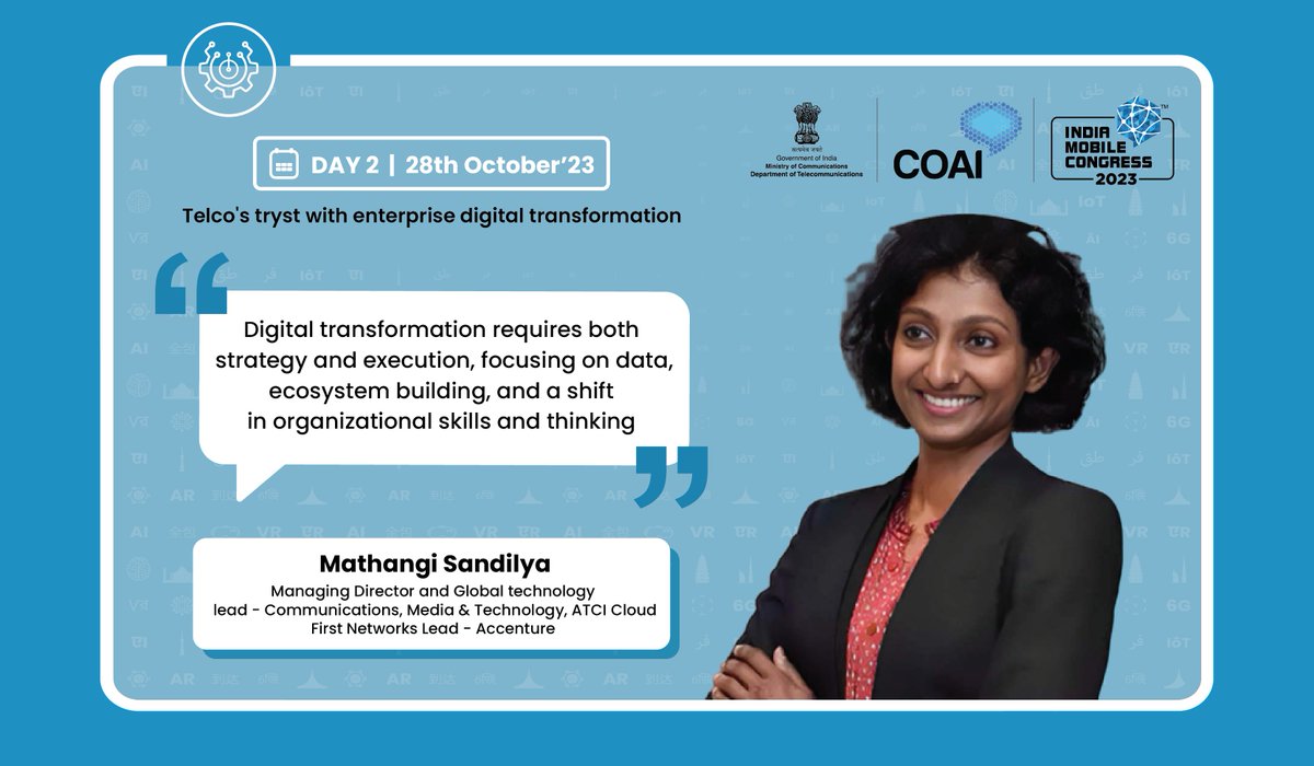 exploreIMC's tweet photo. Mathangi Sandilya, Managing Director &amp; Global technology lead - Communications, Media &amp; Technology, ATCI Cloud First Networks Lead, Accenture
Session: Telco's tryst with enterprise digital transformation at #IMC2023

#AccentureAtIMC 

@ConnectCOAI  @DoT_India @Accenture https://t.co/EBCGOcdGKV