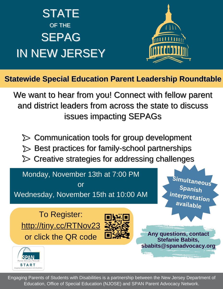 STARTNJ's tweet photo. Next week is our fall Special Education Parent Leader Roundtable. It will be an interactive discussion on the barriers some groups face with parent participation, collaboration and keeping the group active from year to year. To register: [https://t.co/KCYC6tDMi2) https://t.co/wwShNbEi9l