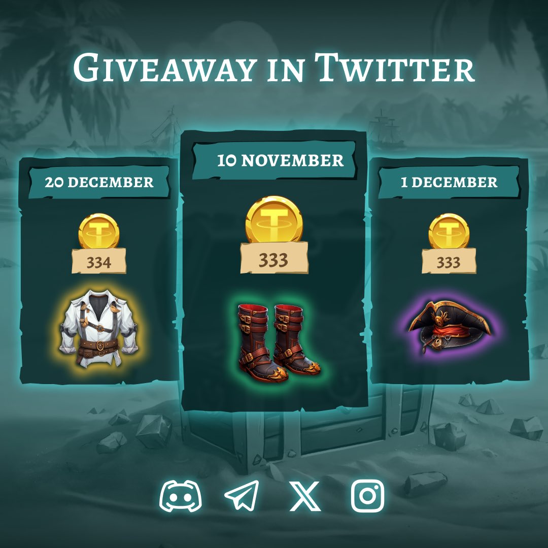 🔥PIRATOS TREASURES - 
Round 3🔥

🎁 Total:
🔸1000 #USDT 
🔸225 game assets

Terms:
1️⃣Be registered at piratos.gg
2️⃣Follow us on our social networks, listed in the comments
3️⃣RT &amp; like this post
4️⃣Write your user ID on the piratos.gg under this post
