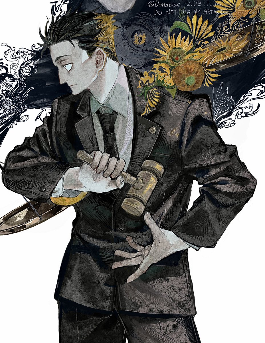 necktie male focus black hair 1boy formal suit sunflower  illustration images