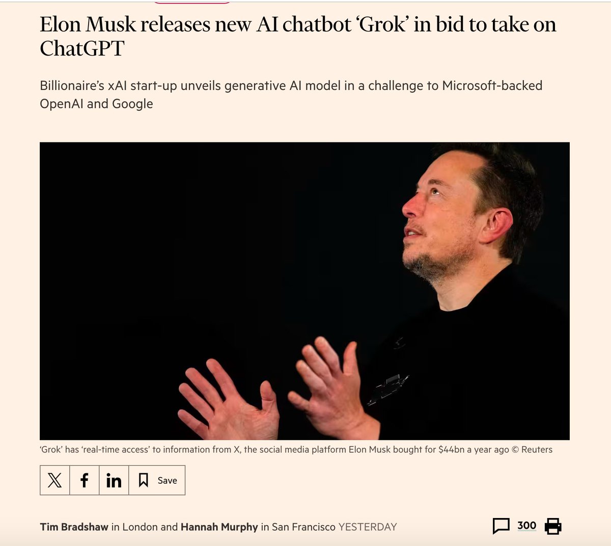 idsicenter's tweet image. Elon Musk releases new generative AI chatbot 'Grok', in a challenge to Microsoft-backed OpenAI and Google (FT).

Grok: "to understand intuitively, to establish rapport with" and "to empathize or communicate sympathetically (with); also, to experience enjoyment" (Wikipedia)