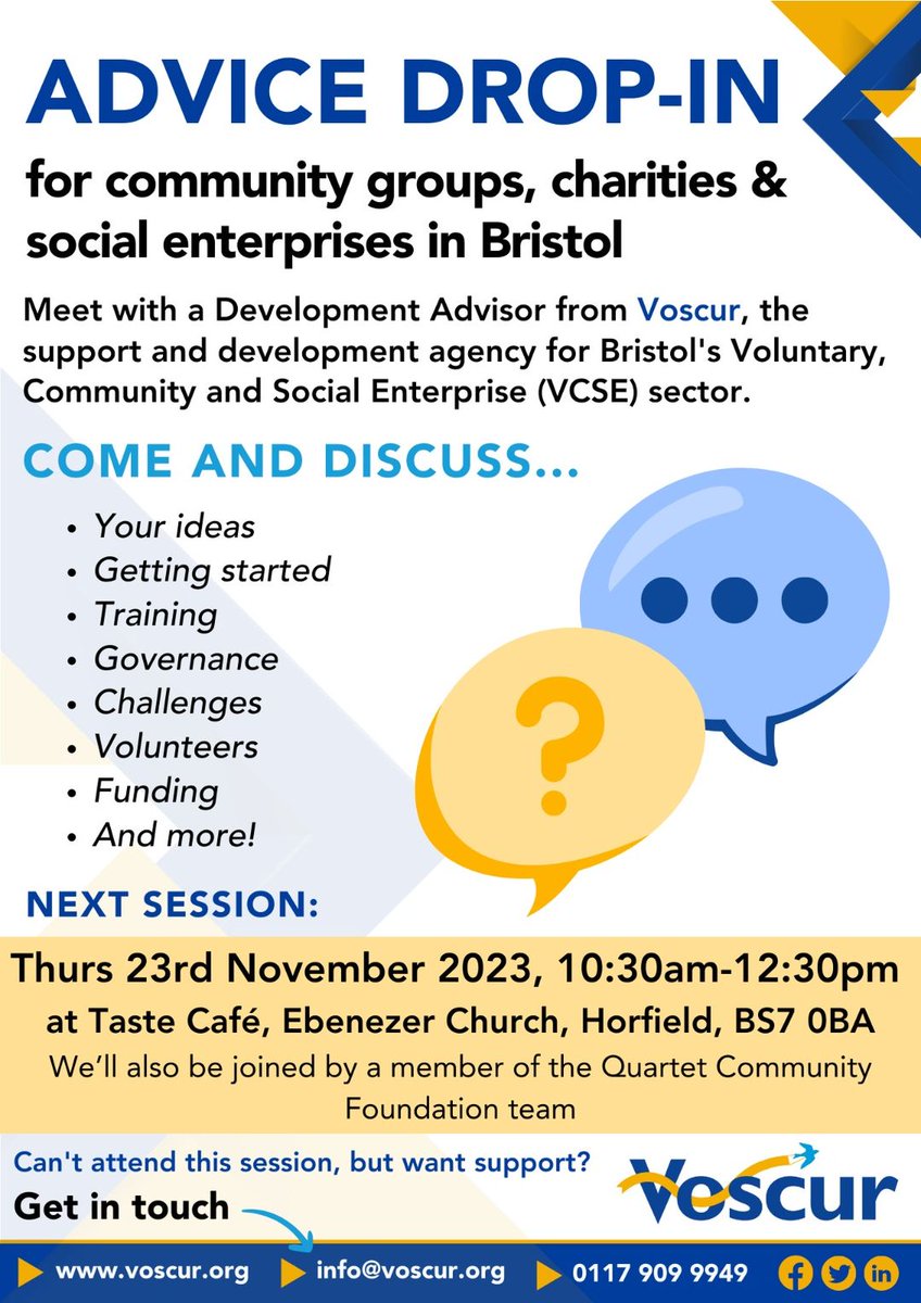 We are looking forward to hosting an advice drop-in for community groups, charities and social enterprises at Taste Cafe (our community cafe) on Thurs 23 Nov between 10.30am-12.30pm, with a development advisor from @Voscur and a team member from @QuartetCF. Please let others know
