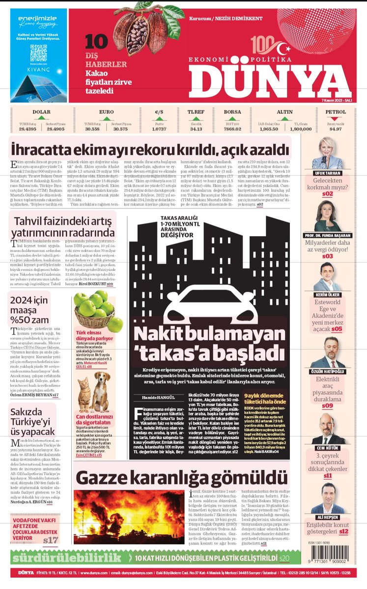 📌 #İhracatta ekim ayı rekoru kırıldı, açık azaldı 

📌 Nakit bulamayan #takas'a başladı

📌 #Gazze karanlığa gömüldü

📌 2024 için maaşa %50 #Zam 

Detaylar ve daha fazlası dunya.com'da. 

#ekonomi #sürdürülebilirlik #finans #yurthaberleri #tarım #güncel #gündem