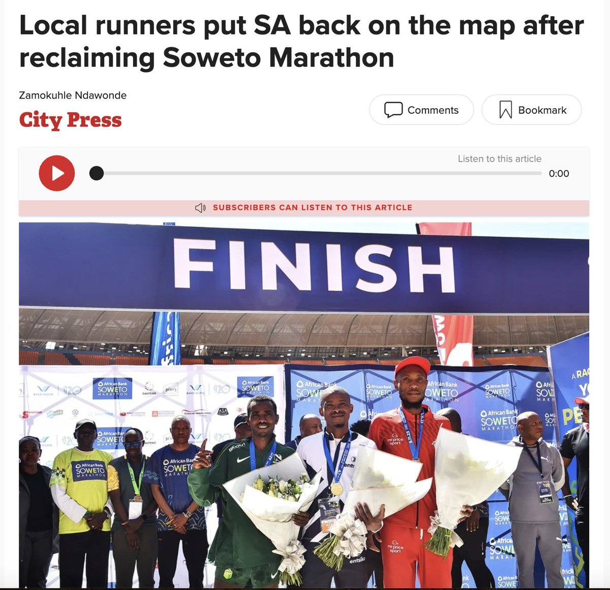 #GoodNews @City_Press writes the story we couldn't be more proud of! Two South African Winners in the @AfricanBank Soweto Marathon! @irv87 & Ntsindiso Mphakathi! What an amazing story! Click bit.ly/3slWmHW to read the blow-by-blow account! #ABSM2023 #ABSM