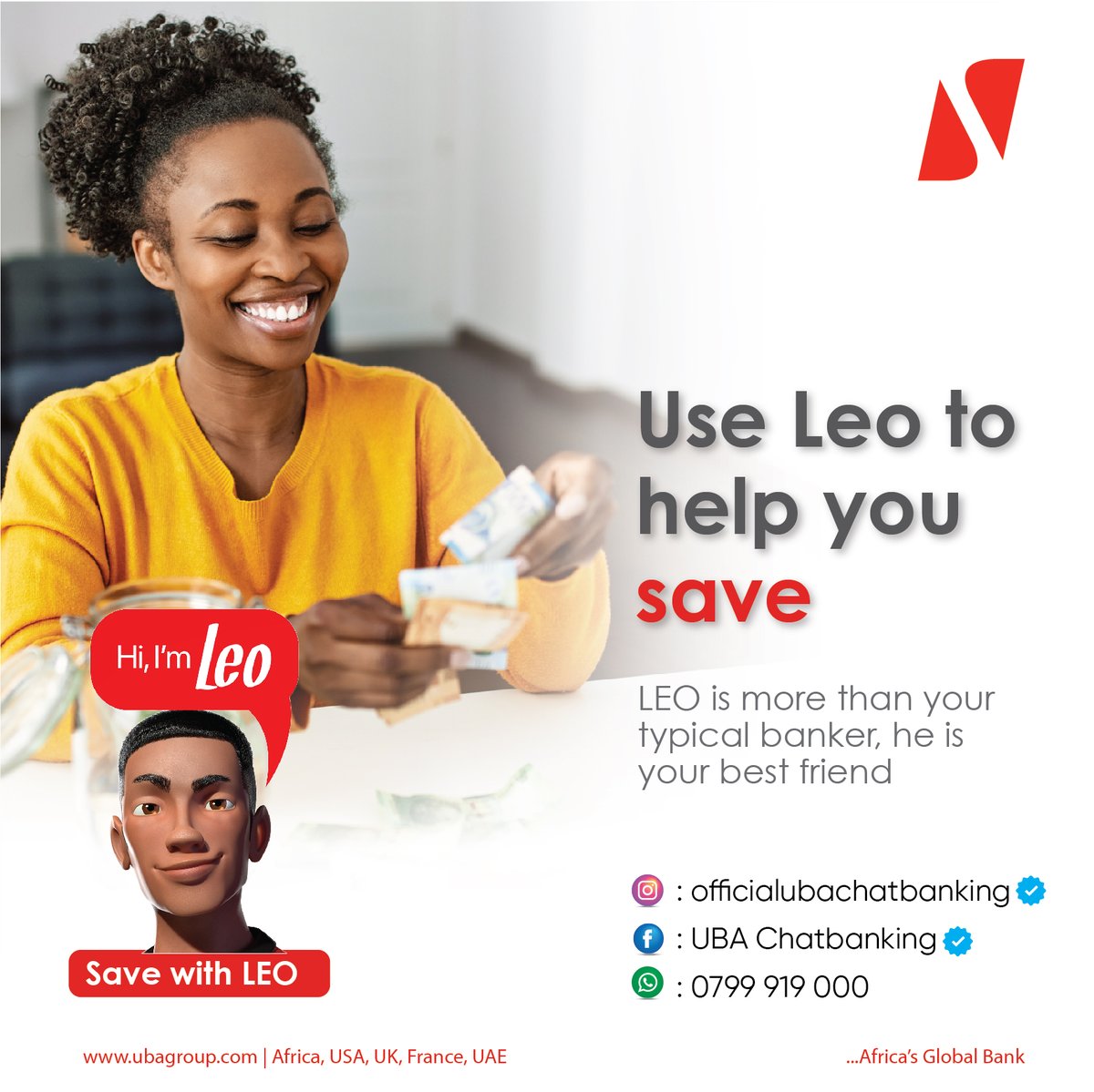 Take charge of your finances with the Leo chatbot! 🌟 Open an account today and gain full control over your daily spending with UBA's virtual banker. 💳💰 Start managing your money smartly and effortlessly. 

#FinancialFreedom 
#SmartSpending
#leochatbanking 
#AfricasGlobalBank