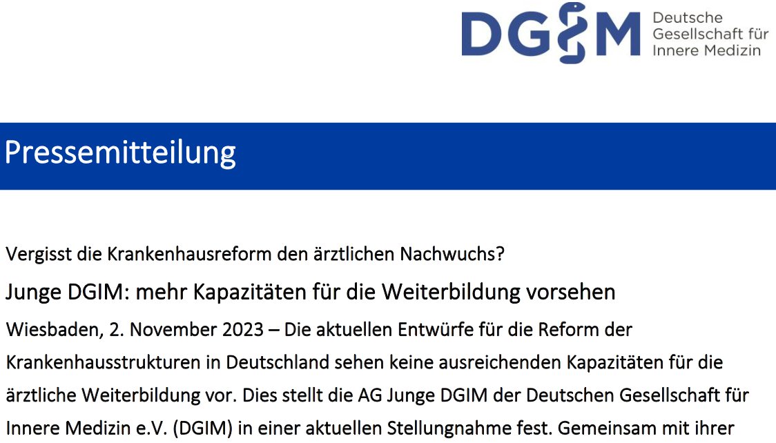 Vergisst die #Krankenhausreform den ärztlichen Nachwuchs? Junge DGIM fordert in aktueller Stellungnahme mehr Kapazitäten für die Weiterbildung und ihre unabhängige, sektorenübergreifende Finanzierung: tinyurl.com/366yn4hd
