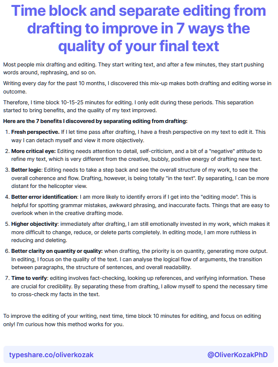 Time block and separate editing from drafting to improve in 7 way the quality of your final text