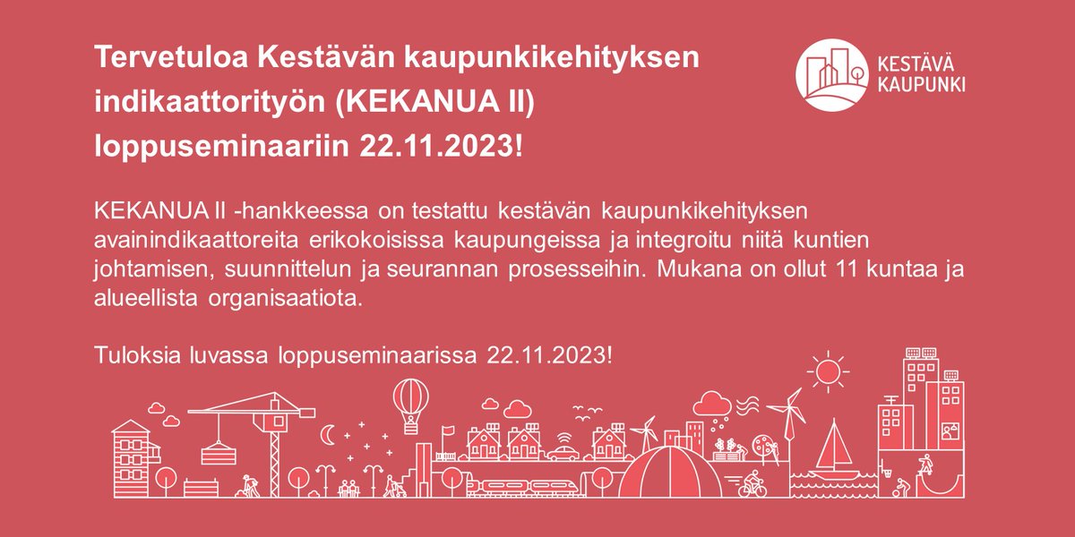 Tule kuulemaan kestävän kaupunkikehityksen avainindikaattoreista ja niiden kytkemisestä johtamisjärjestelmään 22.11. klo 12.30-16! Mukana kehitystyössä on ollut 11 kuntaa ja alueellista organisaatiota. 

Lue lisää ja ilmoittaudu: kestavakaupunki.fi/tapahtumat/202…

<a href="/SYKEinfo/">Suomen ympäristökeskus</a> <a href="/MotivaOy/">Motiva</a>