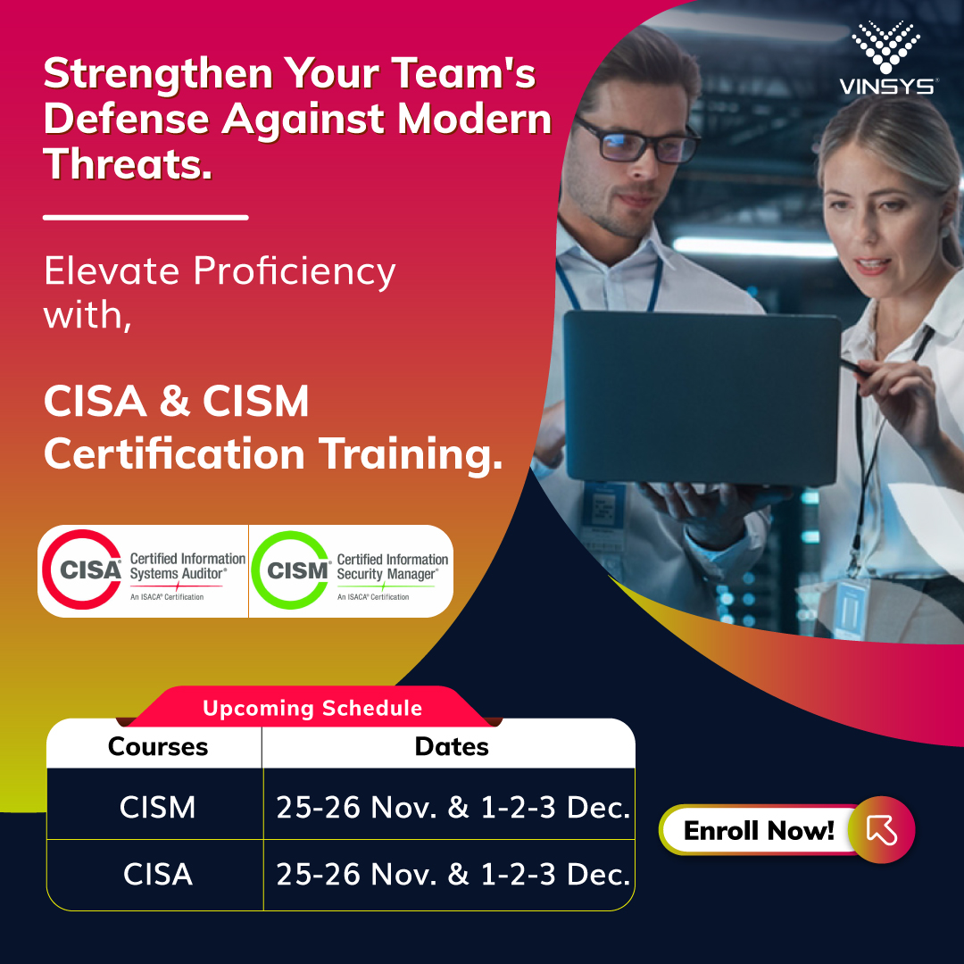 VinsysOfficial's tweet image. Navigate a unique path to excellence, embracing the core of #CISA &amp;amp; #CISM. 

Begin your journey to reinforce your information security skills today!

#CISACertification : lnkd.in/dgCReQMy

#CISMCertification : lnkd.in/eDjkmKi