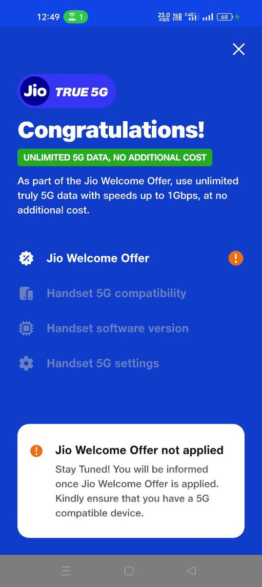 lucifer_764's tweet photo. Hi @JioCare @reliancejio, I recently recharged for 5G, but I'm unable to use it. It keeps showing the Jio Welcome Offer as pending.💔
My device and location are both compatible with 5G, Can you please help me resolve this issue and get my 5G up and running? #jio5g https://t.co/4opHRuZDZ3