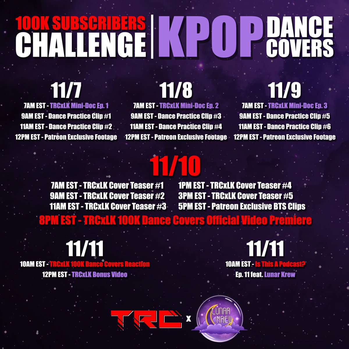 trcreactions's tweet photo. Schedule for this week to celebrate our 100K Dance Cover collaboration with Lunar Krew being released!  

If you are not familiar with this challenge, everything was explained in Ace’s recent video on our channel!

We hope you all enjoy the week!

#kpop #kpopcovers #kpopdance https://t.co/aBHE7bV4tq