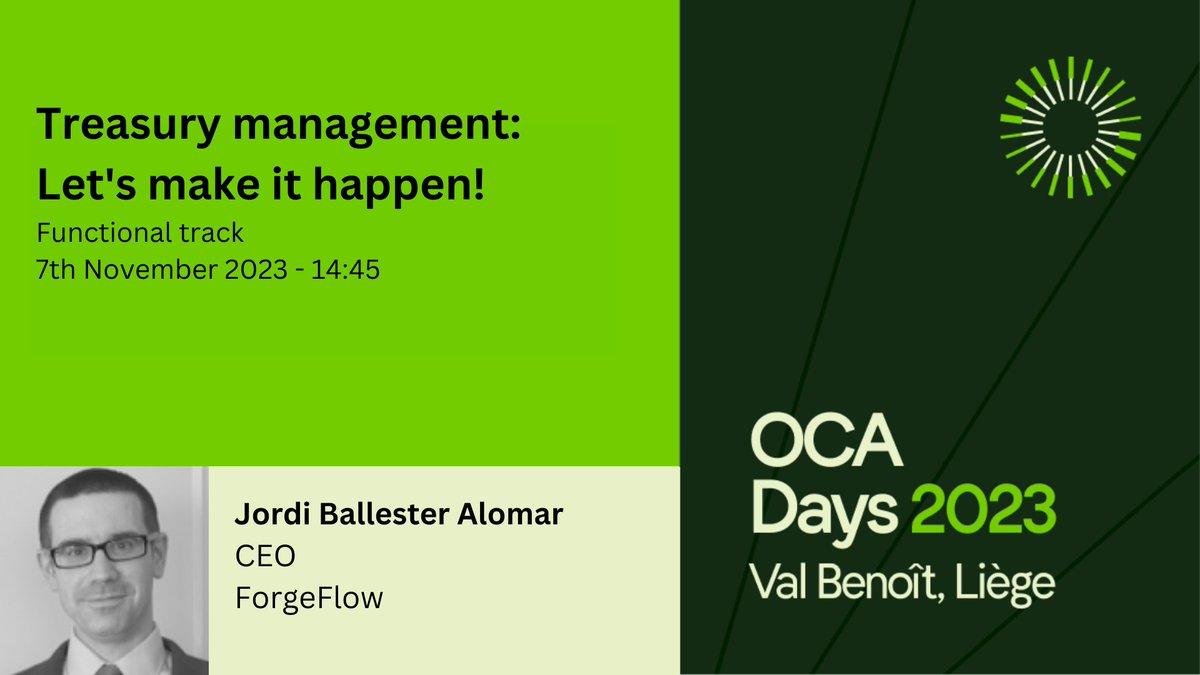 #OCADays2023 

Treasury management: Let's make it happen! with Jordi Ballester.

odoo-community.org/event/oca-days…

Tuesday 7th Nov - 14:45.
Watch on our functional track.

youtube.com/@OdooCommunity
#odoocommunityassociation