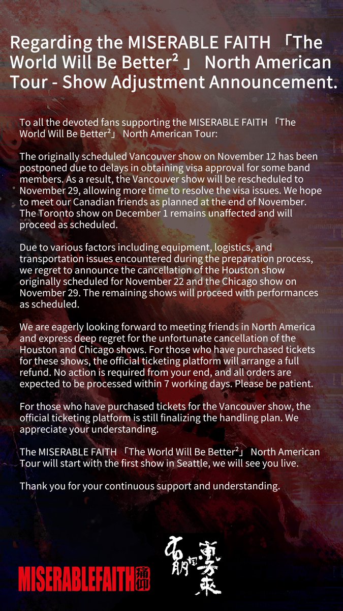 ffeofficial's tweet photo. 关于【痛仰「The World Will Be Better² 」北美巡演】-站次调整通告

Regarding the MISERABLE FAITH 「The World Will Be Better² 」 North American Tour - Show Adjustment Announcement.

#痛仰 #miserablefaith #有朋自东方来 #friendsfromtheeast https://t.co/tw4xGejXRi