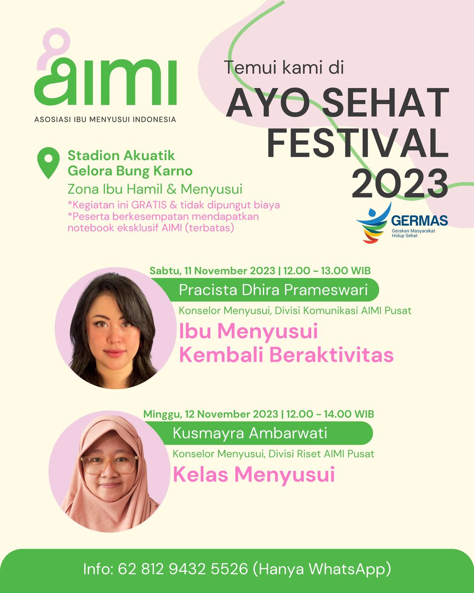 Holaa.. yuk Ajak keluarga untuk jumpa AIMI secara offline di AYO SEHAT FESTIVAL 2023 (GRATIS) 📍Stadion Akuatik Gelora Bung Karno. Zona Ibu Hamil & Menyusui Jl. Pintu Satu Senayan. #ayosehatkemkes #ayosehatfest2023 #asosiasiibumenyusuiindonesia #edukasimenyusui #dukungmenyusui