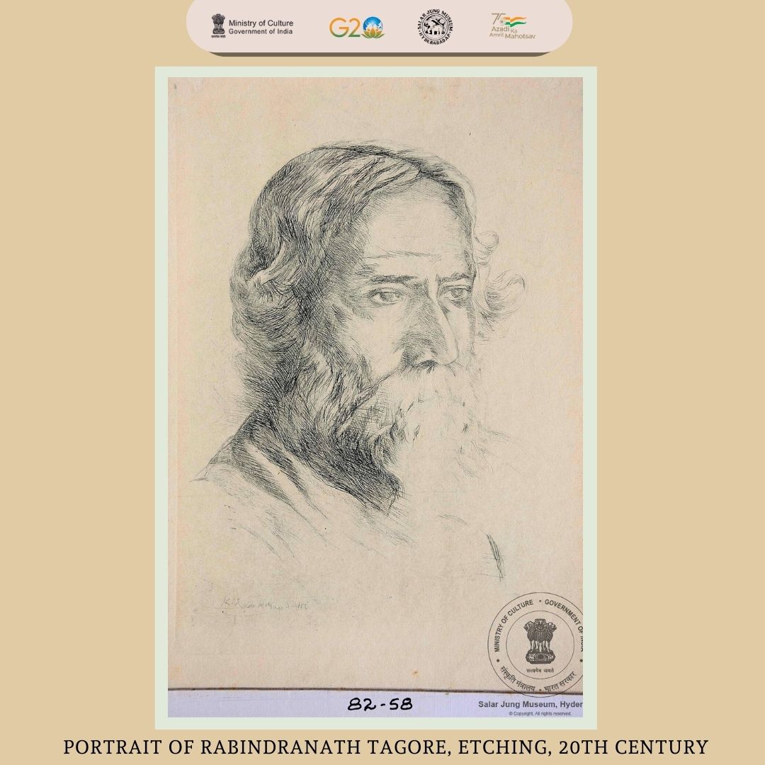 Dry print etching depicting portrait of ‘Rabindranath Tagore’ by Kowta Ram Shastry. Kowta Ram Shastry was a student at Shantiniketan in West Bengal. Shantiniketan was founded and developed by members of the Tagore family. #SalarJungMuseum #AmritMahotsav #RabindranathTagore