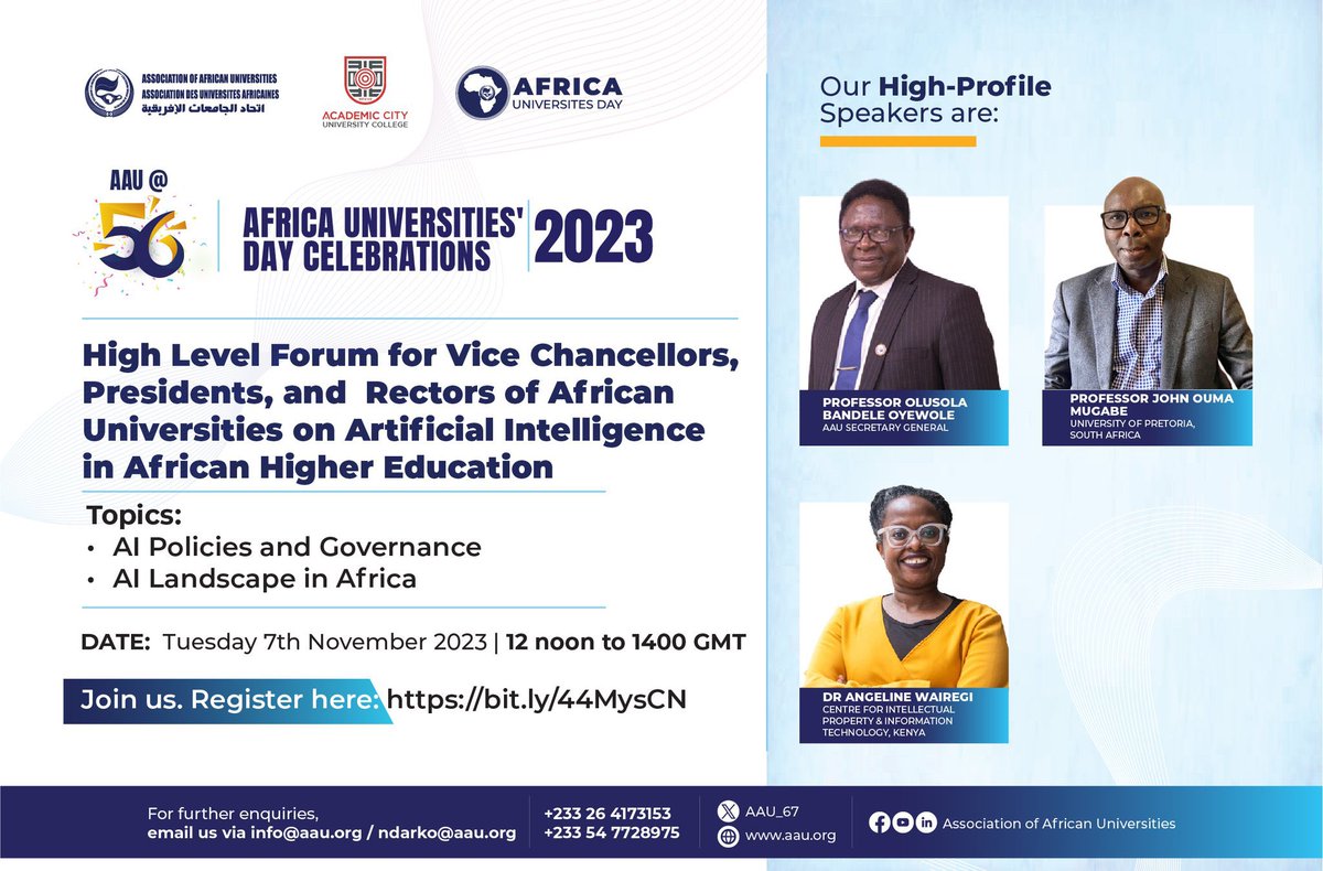 AautvU's tweet photo. Day 2: Africa Universities Day Celebrations

Join us at 12 noon GMT for the Forum for Rectors, Vice Chancellors and Presidents of African Universities to discuss the governance of #AI and policies. This session will be moderated by Prof. Oyewole @SecgenAAU  

#AI #highereducation https://t.co/T9HVljb6hB
