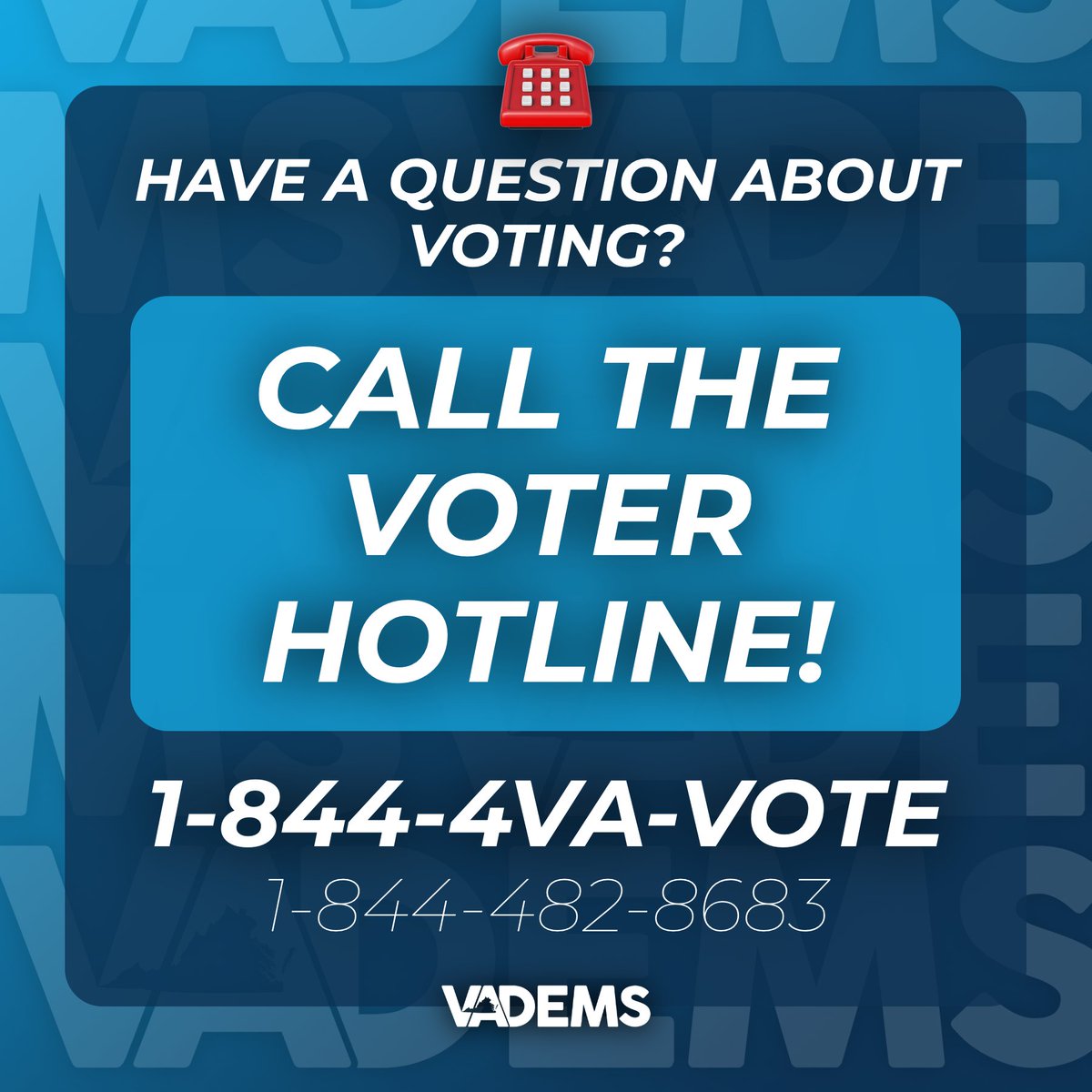 🕗 Only 7 hours left to cast your vote!

If you have trouble voting or need help finding your precinct, call the voter hotline at 1-844-482-8683 or visit iwillvote.com/va