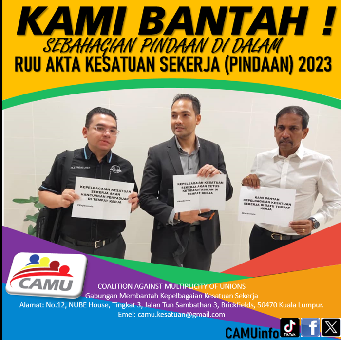CAMUinfo's tweet photo. CAMU menyeru semua Ahli Dewan Negara MENOLAK RUU D.R.30/2023 AKTA KESATUAN SEKERJA (PINDAAN) 2023. RUU INI PERLU DIKAJI SEMULA!  #FYP #followyourpage #tiktok #pmx #pmxgagal #viral #trending #dewannegara
@anwaribrahim
@Khairykj
@PKPG30
@fmtoday
@501Awani
#BarisanNasional https://t.co/xga0UJxrhF