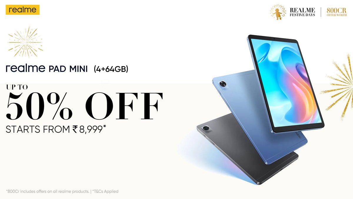 realmeIndia's tweet photo. It's time to upgrade your tech game! The #realmePadMini is here with an exclusive festive discount of up to 50% off.
Grab it now and embrace the future! 🪔✨
#DareToShine #realmeFestiveSale #realme800CrOffer #realmeFestiveDays
Know more: https://t.co/xZNAFP5Pb3 https://t.co/9caHbyvB25