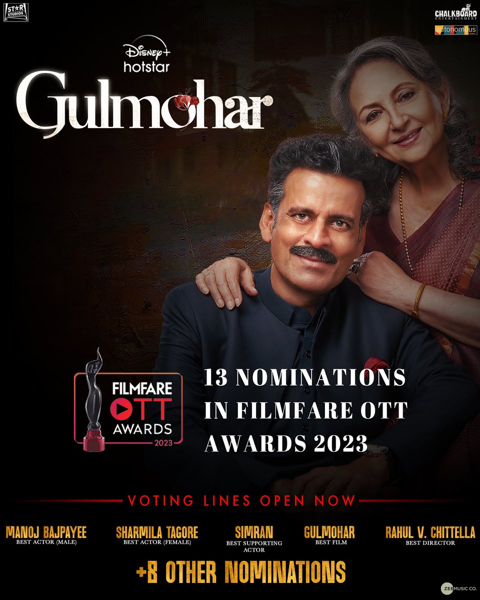 Hearts are abloom with love and pride as #Gulmohar bags an incredible 13 Filmfare OTT Awards in 2023! 🌟 Let's bring the glory home, voting lines are now open! 🔗: filmfare.com/awards/filmfar… @BajpayeeManoj @rahulchittella #SharmilaTagore @SimranbaggaOffc #SurajSharma #KaveriSeth