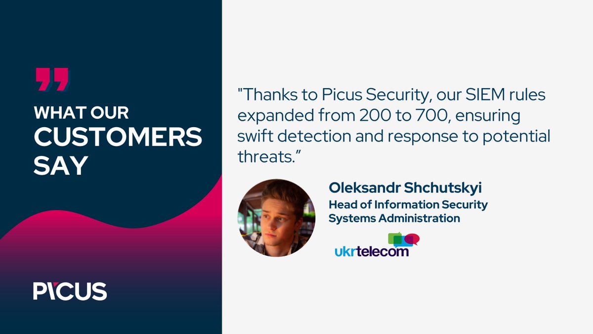 PicusSecurity's tweet image. Discover how Ukrtelecom boosts its defenses with Picus Security by expanding SIEM rules for faster threat detection. Learn More: hubs.li/Q027w3rG0

#PicusSuccessStories #CyberInsights
