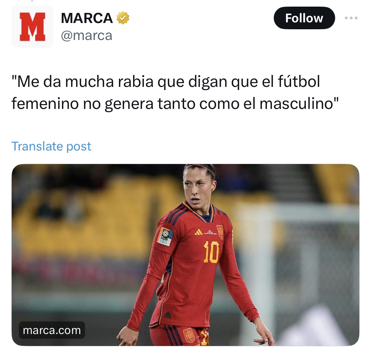 anaislopez23's tweet image. Lecciones de periodismo, by @marca:

Jenni Hermoso: “Me da mucha rabia que digan que el fútbol femenino no genera tanto como el masculino. 𝙊𝙗𝙫𝙞𝙖𝙢𝙚𝙣𝙩𝙚 𝙡𝙤 𝙨𝙖𝙗𝙚𝙢𝙤𝙨 𝙮 𝙣𝙪𝙣𝙘𝙖 𝙝𝙚𝙢𝙤𝙨 𝙥𝙚𝙙𝙞𝙙𝙤 𝙘𝙤𝙗𝙧𝙖𝙧 𝙘𝙤𝙢𝙤 𝙚𝙡𝙡𝙤𝙨”

Su titular: