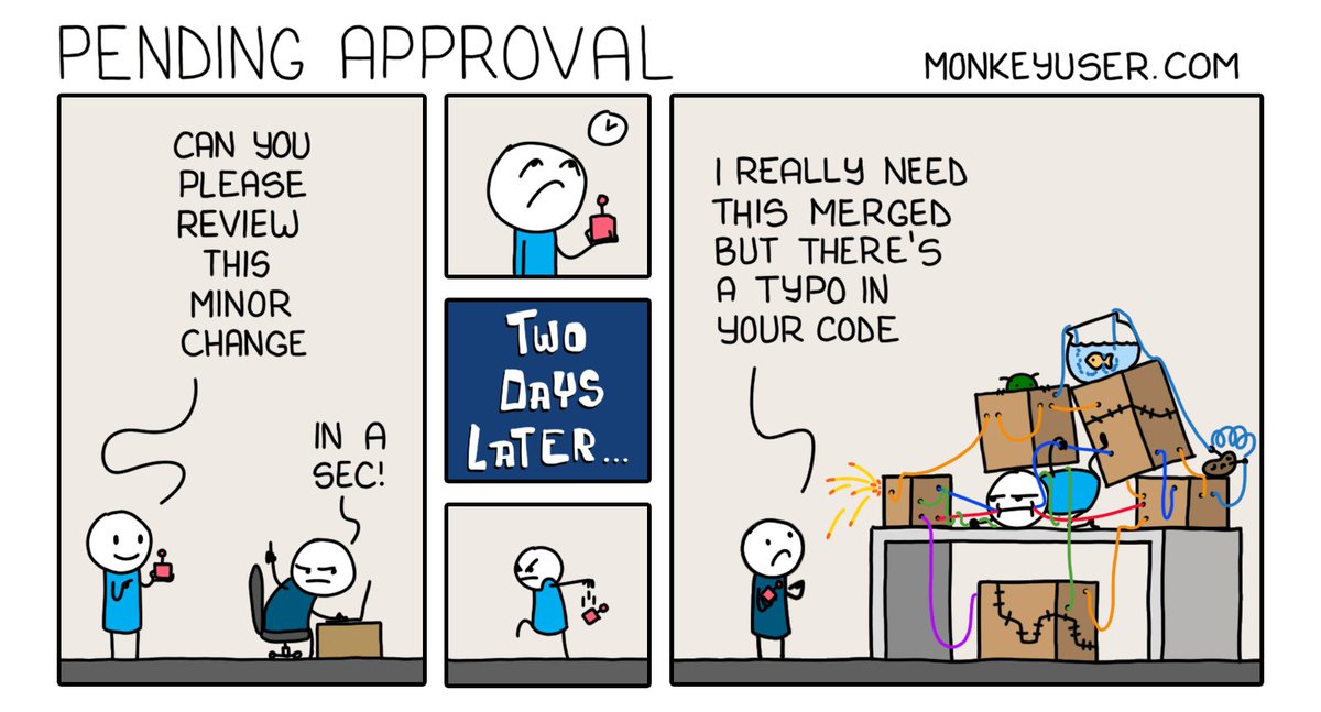 arnolanglade's tweet image. 🚀 Ne ralentissez pas votre delivery à cause d’une review !

#PairProgramming #MobProgramming #PullRequests #LivraisonEnProduction #DéveloppementCollaboratif

🖼️ Image: monkeyuser.com

🧵 Évitez les retards en adoptant des pratiques collaboratives 🧵👇 [1/5]