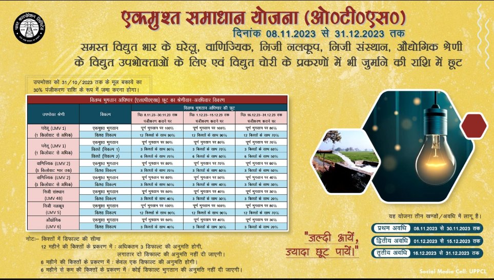 समस्त सम्मानित उपभोक्ताओं को सूचित किया जाता है कि विद्युत विभाग द्वाराOTS(एकमुश्त समाधान योजना)का आरंभ दिनांक 8नवंबर 2023से31 दिसंबर2023 तक किया जा रहा है।अतः उपभोक्ताओं से अनुरोध है कि अपना बकाया बिल जमा कर योजना का लाभ उठाएं ।
<a href="/PUVVNLPRTAPGARH/">PuVVNL Pratapgarh</a>  <a href="/PuVVNLHQ/">Purvanchal Vidyut Vitaran Nigam Limited</a>