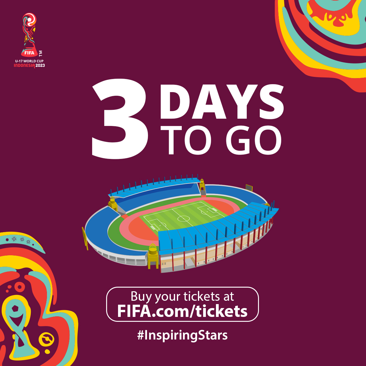 FIFA U-17 World Cup™️ akan dimulai 3 hari lagi! Bersiaplah untuk melihat aksi-aksi sepak bola paling menarik tahun ini. 🥅 Dapatkan tiketnya secara eksklusif di FIFA.com/tickets #InspiringStars #U17WC #JakartaInternationalStadium #jakpro