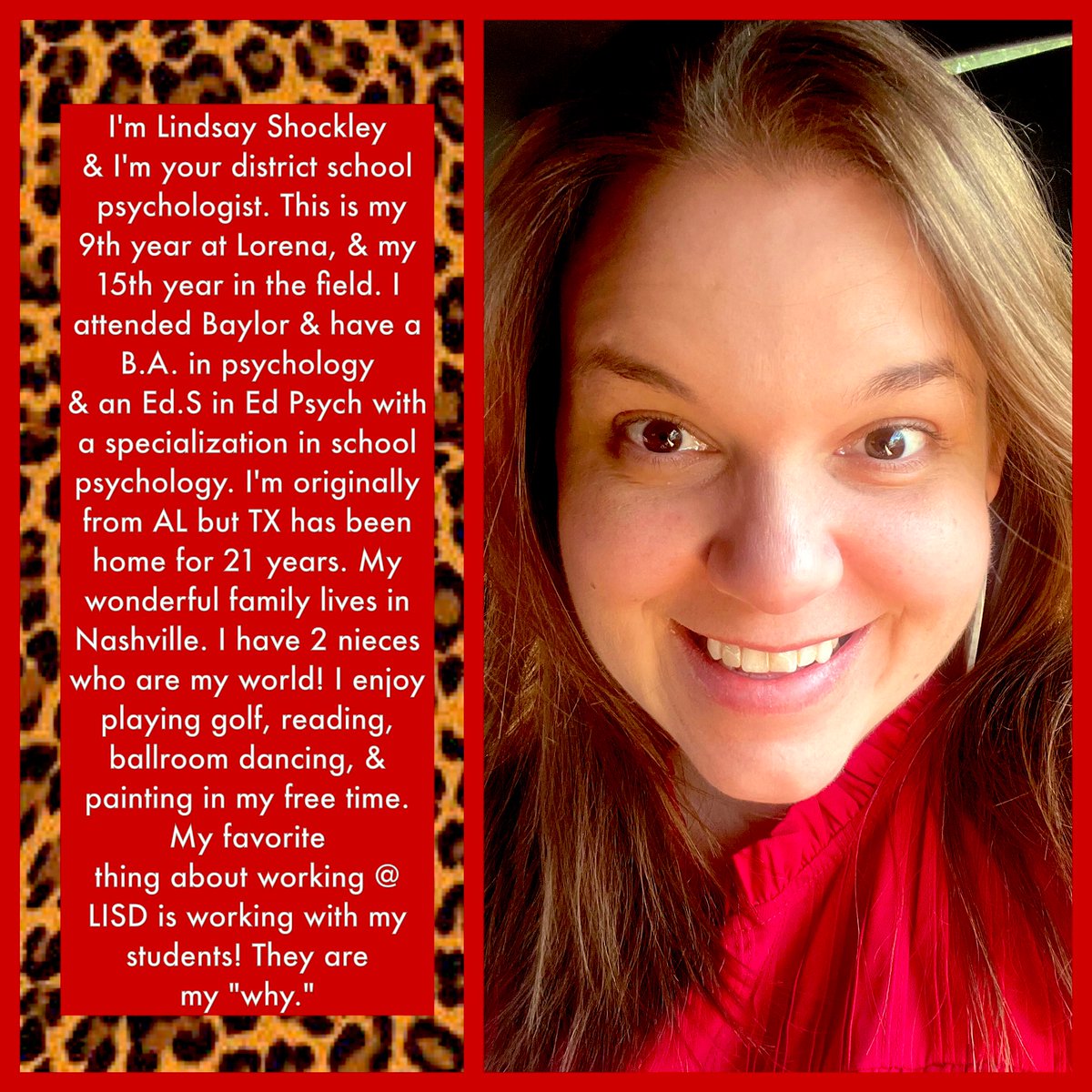 LeopardLSSP's tweet image. Get to know your school psych staff Segment 1 of 3. @LorenaISD @Lorena_Elem @LorenaPrimary @LHS_Leopards @Lorena_Middle