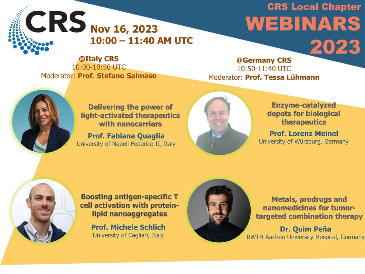Don't miss the next <a href="/CRSScience/">Controlled Release Society</a> Local Chapter webinar next week (November 16, 2023): a targeted dose of #drugdelivery science provided by @CRS_GermanChapt 🇩🇪 and <a href="/CRS_Italia/">CRS Italy Local Chapter</a> 🇮🇹. 
Link for registration: controlledreleasesociety.org/events/lc-webi…