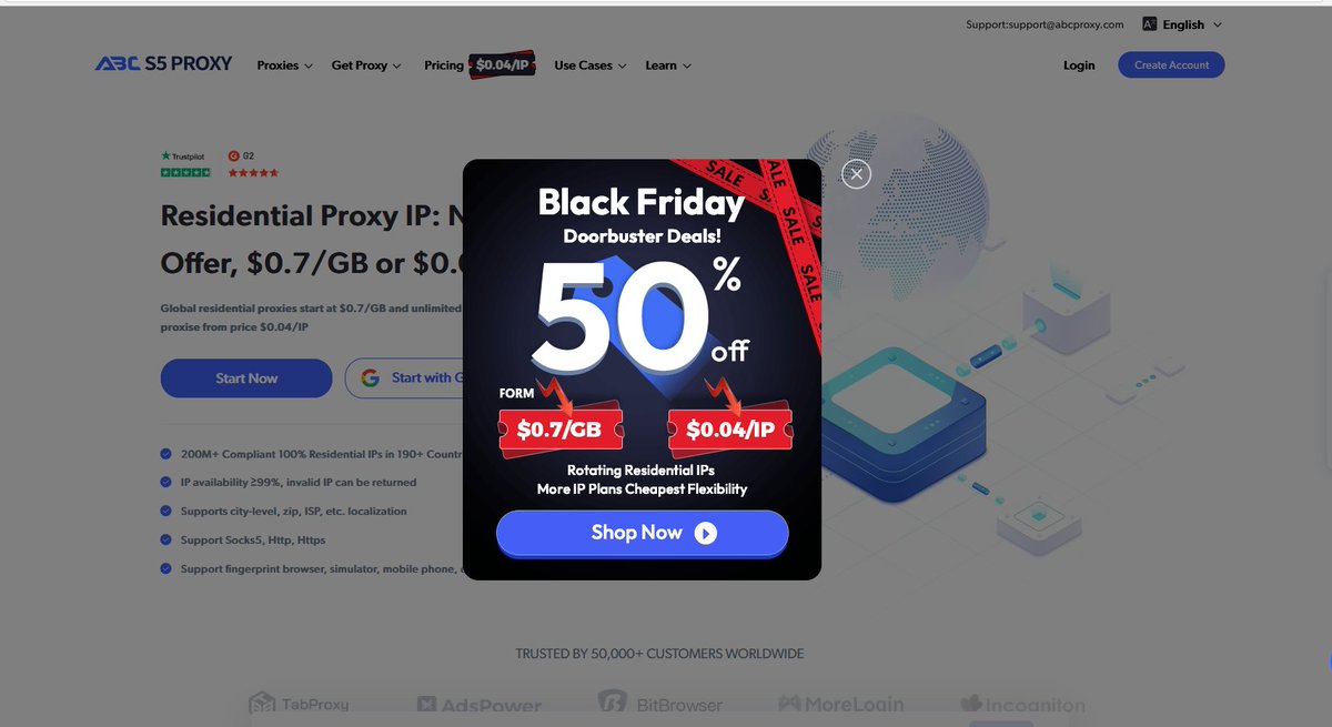 BellaMi31889190's tweet image. 📢📢📢
ABCproxy Black Friday Doorbuster Deals, 50% off!
Rotating residential IP as low as $0.7/GB, $0.04/IP
#BlackFriday #BlackFridayDeals #abcproxy #s5proxy
-----------------------------------------------------------
Buy address: abcproxy.com/?utm-source=tw…