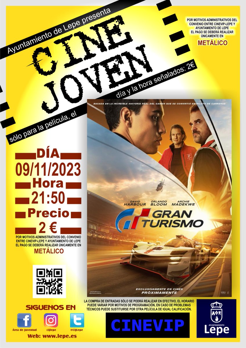 CIJLepe's tweet photo. El próximo día 9 de Noviembre no dejes pasar la oportunidad de ver a un precio increíble la peli GRAN TURISMO en CINEVIP LEPE! 

⌚️21:50h
💵 2€
📌 CINEVIP LEPE https://t.co/7ISzOaF9Zf