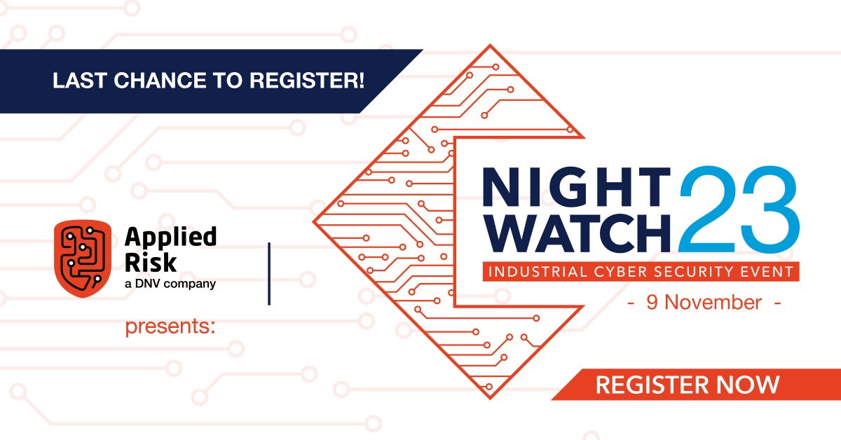 Applied Risk - Critical Infrastructure Made Secure (@appliedrisk) on Twitter photo Last chance to register for this year’s NightWatch event! Registrations are closing today for our annual #industrialcyber event taking place on November 9. Check out this year's amazing program and register here: hubs.la/Q027_HY10
#NightWatch23 #NW23 #cybersecurity Last chance to register for this year’s NightWatch event! Registrations are closing today for our annual #industrialcyber event taking place on November 9. Check out this year's amazing program and register here: hubs.la/Q027_HY10
#NightWatch23 #NW23 #cybersecurity