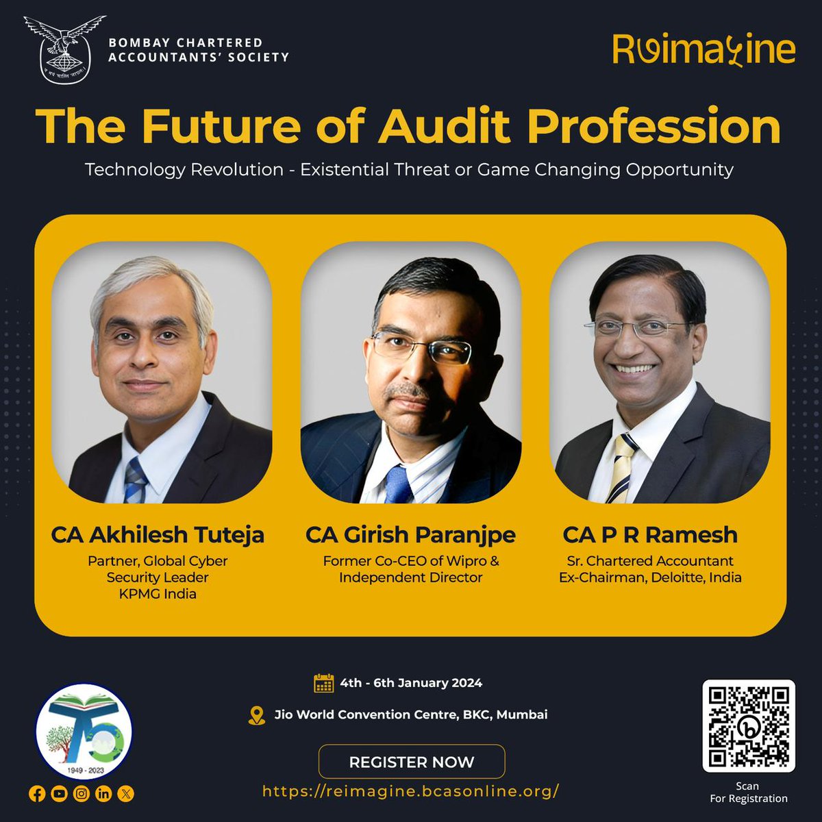 bcasglobal's tweet photo. ReImagine - A Mega Conference by Bombay Chartered Accountants Society, where  CA @AkhileshTuteja  
, CA Girish Paranjpe, CA P R Ramesh, will be sharing his  insights on The Future of Audit Profession. (Technology Revolution - Existential Threat or Game Changing Opportunity (1/5) https://t.co/7mJOlgrDhW